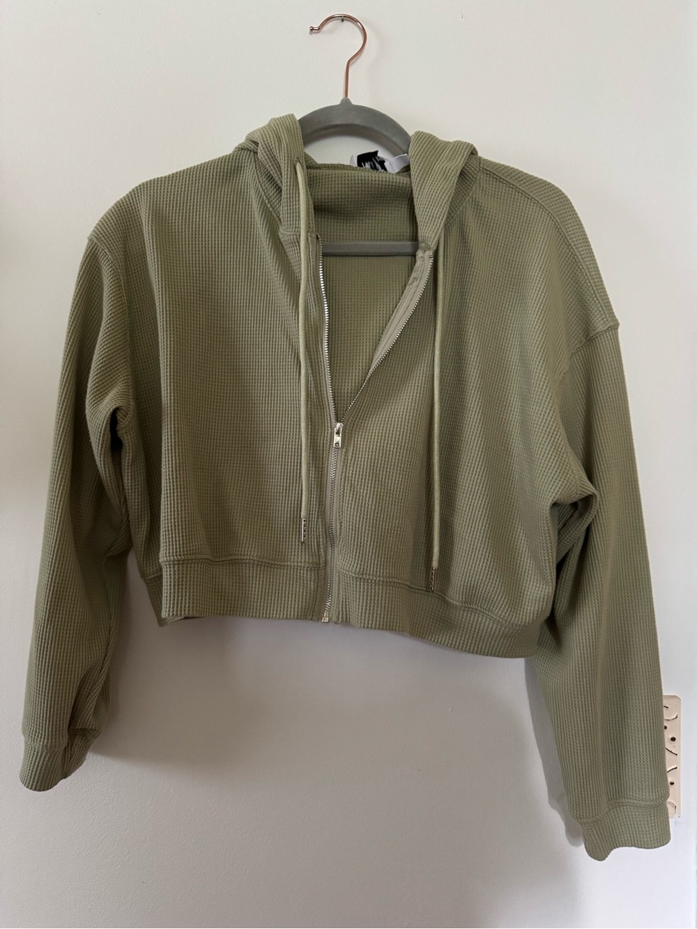 Princess Polly Cropped Waffle-Knit Zip Hoodie - Sage Green SZ 4